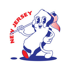 New Jersey State retro mascot with hand and foot clip art. USA Map Retro cartoon stickers with funny comic characters and gloved hands. Vector template for website, design, cover, infographics.