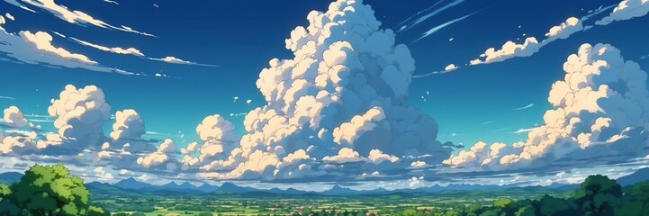 Fototapeta na wymiar Wide angle animation anime panoramic landscape of blue clouds on the sky from Generative AI