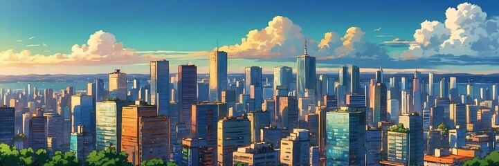 Wide angle animation anime panoramic landscape of city skyline from Generative AI
