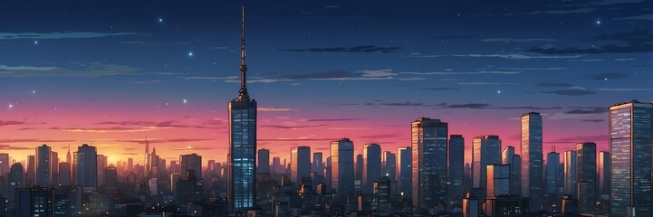 Fototapeta na wymiar Wide angle animation anime panoramic landscape of city skyline in evening from Generative AI