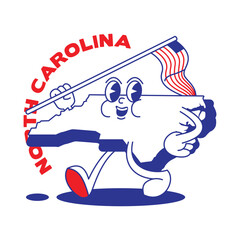 North Carolina State retro mascot with hand and foot clip art. USA Map Retro cartoon stickers with funny comic characters and gloved hands. Vector template for website, design, cover, infographics.