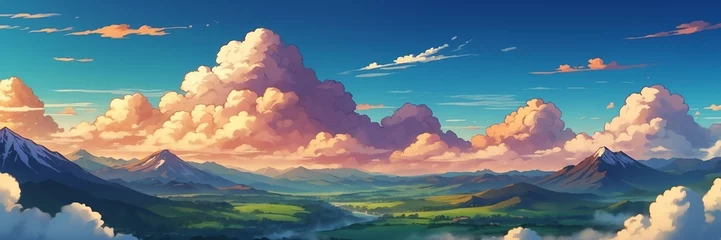 Rolgordijnen Wide angle animation anime panoramic landscape of clouds from above mountains at sunset from Generative AI © sevenSkies