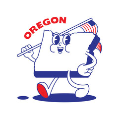 Oregon State retro mascot with hand and foot clip art. USA Map Retro cartoon stickers with funny comic characters and gloved hands. Vector template for website, design, cover, infographics.