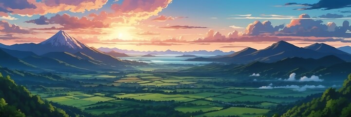 Wide angle animation anime panoramic landscape of clouds from above mountains at sunset from Generative AI