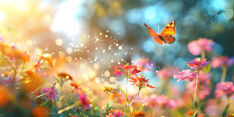 
Flower meadow with butterfly. Nature background. Soft focus. 