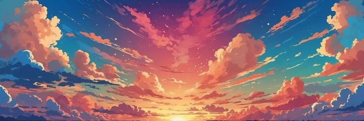 Fotobehang Wide angle animation anime panoramic landscape of colorful clouds on the sky from Generative AI © sevenSkies