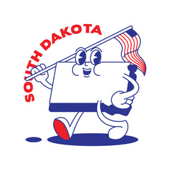 South Dakota State retro mascot with hand and foot clip art. USA Map Retro cartoon stickers with funny comic characters and gloved hands. Vector template for website, design, cover, infographics.