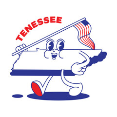 Tennessee State retro mascot with hand and foot clip art. USA Map Retro cartoon stickers with funny comic characters and gloved hands. Vector template for website, design, cover, infographics.