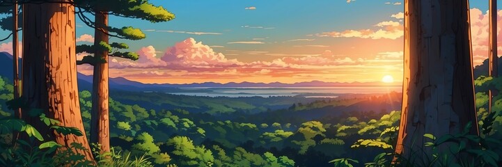 Wide angle animation anime panoramic landscape of forest in evening from Generative AI