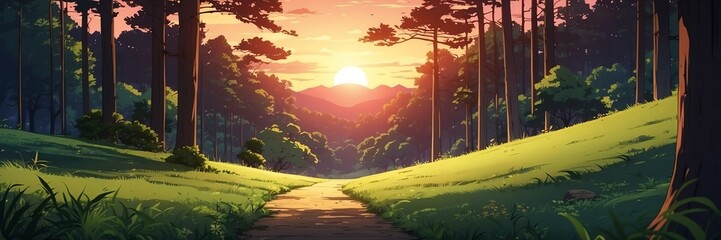 Wide angle animation anime panoramic landscape of forest in sunset from Generative AI