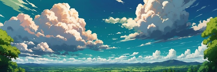 Wide angle animation anime panoramic landscape of green clouds on the sky from Generative AI