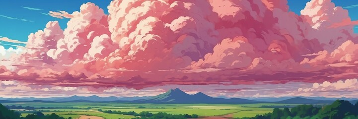 Wide angle animation anime panoramic landscape of pink clouds on the sky from Generative AI