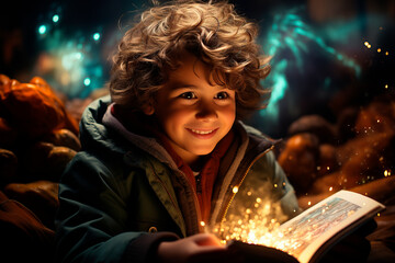 Smiling boy with a book as sparkling enchantments float around, basking in a warm, magical glow