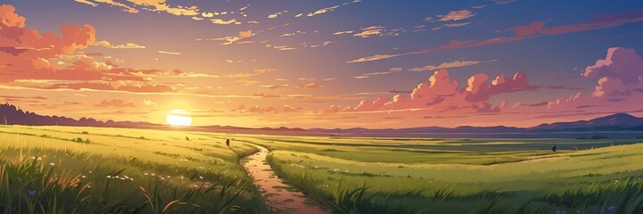 Wide angle animation anime panoramic landscape of prairie grasslands with walkway at evening from Generative AI