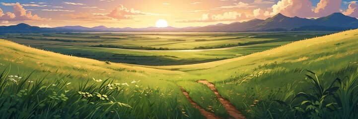 Wide angle animation anime panoramic landscape of prairie grasslands from Generative AI