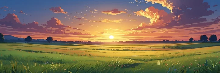 Foto op Canvas Wide angle animation anime panoramic landscape of prairie grasslands with walkway at sunset from Generative AI © sevenSkies