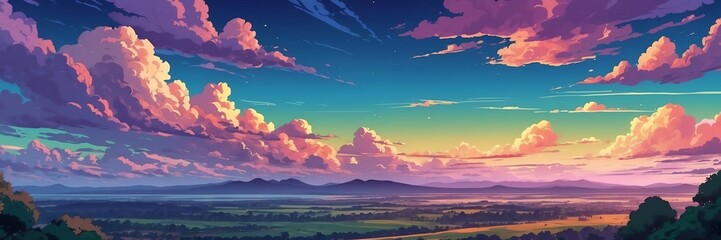 Wide angle animation anime panoramic landscape of purple clouds on the sky from Generative AI