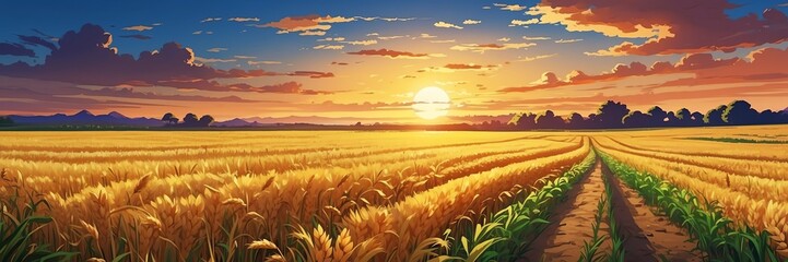 Wide angle animation anime panoramic landscape of wheat fields on sunset from Generative AI - obrazy, fototapety, plakaty