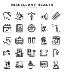 Vector icons set of MISCELLANY HEALTH. Lineal style Icons.