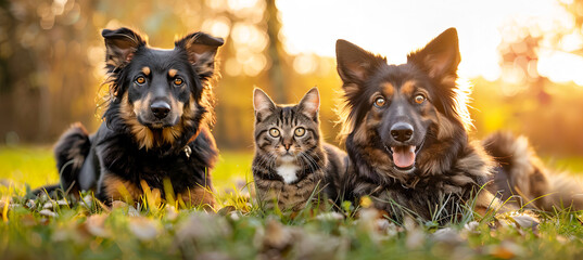 Dogs and cat in the grass
