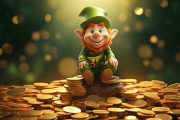 Cute cartoon sitting on a pile of shiny gold coins Perfect for financial designs or ideas.