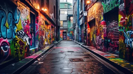 Papier Peint photo Lavable Ruelle étroite colorful graffiti This image captures the lively and lively atmosphere of street art.