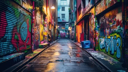 Papier Peint photo Ruelle étroite colorful graffiti This image captures the lively and lively atmosphere of street art.