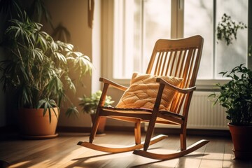 Fototapeta premium A wooden rocking chair sat in the room. Suitable for interior home decoration.