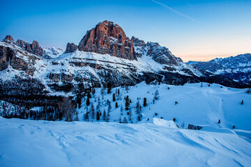 Dolomites mountains in winter at sunrise.  Italy, Europe
