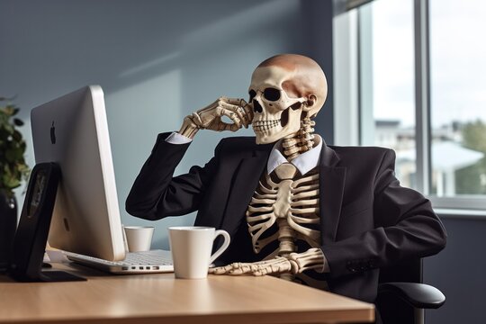 Skeleton sitting at table drinking coffee halloween pictures We've been waiting for a long time, retirement. Long meetings..every day.