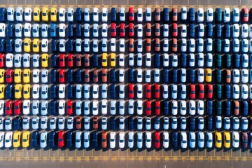 Drone view of new cars lined up in the port for import and export business. Logistics for distributors