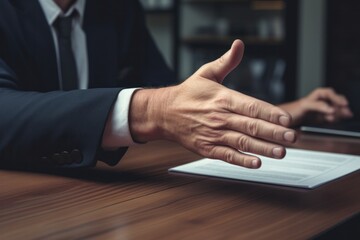 Male businessman's hand in a suit introduces contract and customer's hand - obrazy, fototapety, plakaty