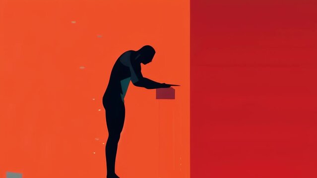 A swimmer slouched in the starting block hesitant to dive in. Psychology art concept. .