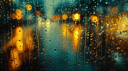 of bokeh lights on a rainy evening, reflecting off every surface