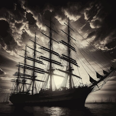 silhouette ship in the sea