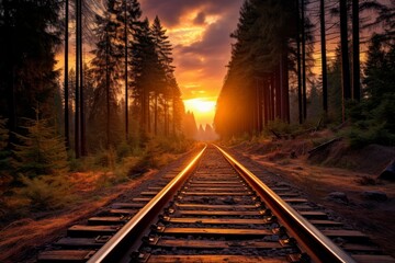 Tranquil Railroad forest train sunlight. Industry travel. Generate Ai