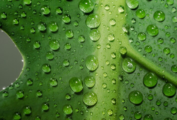 green leaf of a plant with dew drops close up