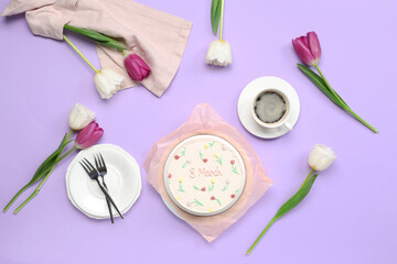 Obraz na płótnie Canvas Sweet bento cake with cup of coffee and beautiful tulips on lilac background. International Women's Day