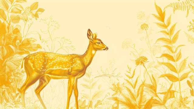 Sunlit Serenity: A Deer Amidst the Yellow Hues of an Indian Jungle and Floral Patterns