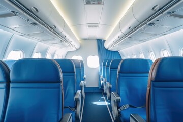 Naklejka premium Inside the empty cabin of the plane were blue airline seats.