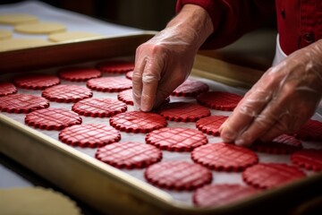 A female baker's hands carefully placing quilted cookies onto a baking sheet, each cookie carrying the legacy of Appalachian quilting traditions
