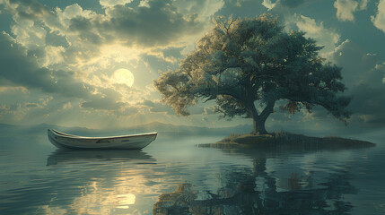 Moon light on water in the sky with a boat and tree, light silver and blue, pleasing sense of harmony, minimalism