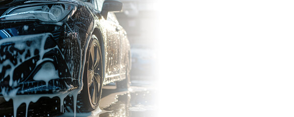 Car wash with foam soap, Washing car use high pressure water - obrazy, fototapety, plakaty