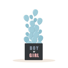 Gender reveal party. Its a boy. Open surprise gift box with inscription Boy or girl. Blue balloons. Baby shower greeting card. Cartoon vector illustration.