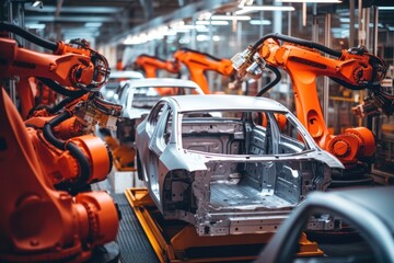 Fototapeta premium Modern, highly automated factory Production of high-performance electric cars Automotive factory.