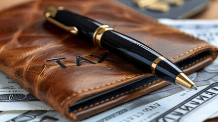Close-up of a leather wallet with dollar bills and a pen. Tax concept