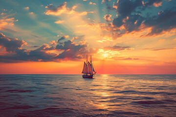 sailing ship at sunset, AI generated