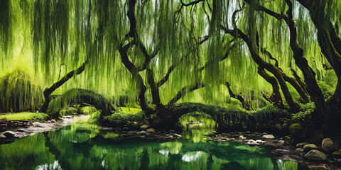 Whispering Willow Grove. Beneath ancient willow trees, their long branches trailing in a silver rive