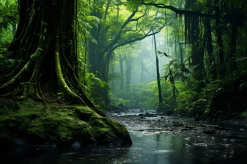 Fototapeta na wymiar Humid Rain forest tropical. Amazon rain. Generate Ai