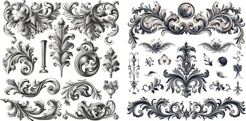 Vintage victorian floral ornament with leaf engraved borders vector set - obrazy, fototapety, plakaty